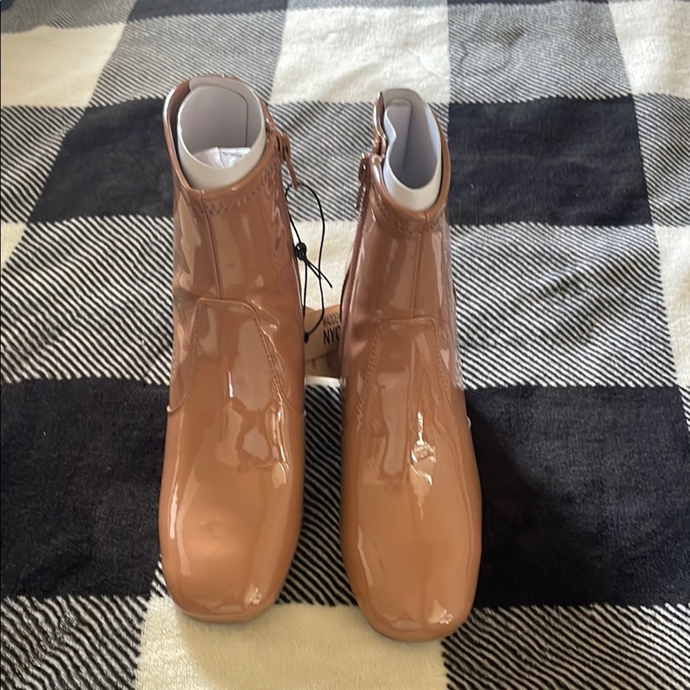 Sleek Tan Ankle Booties with Glossy Finish